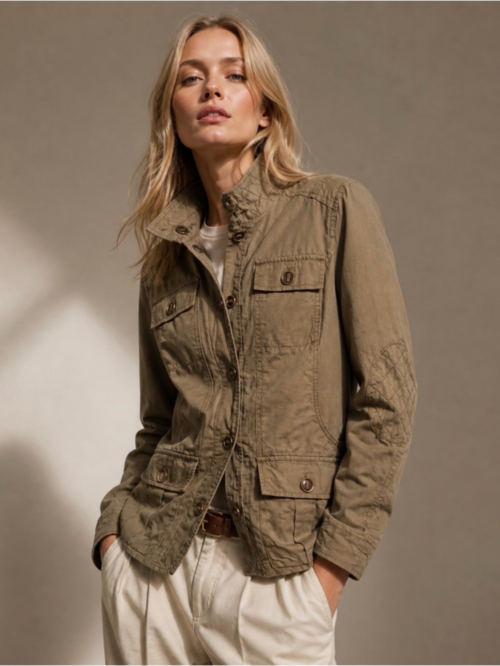 Eddie Bauer Military Khaki High Neck Utility Field Jacket Fitted Tailored Sexy